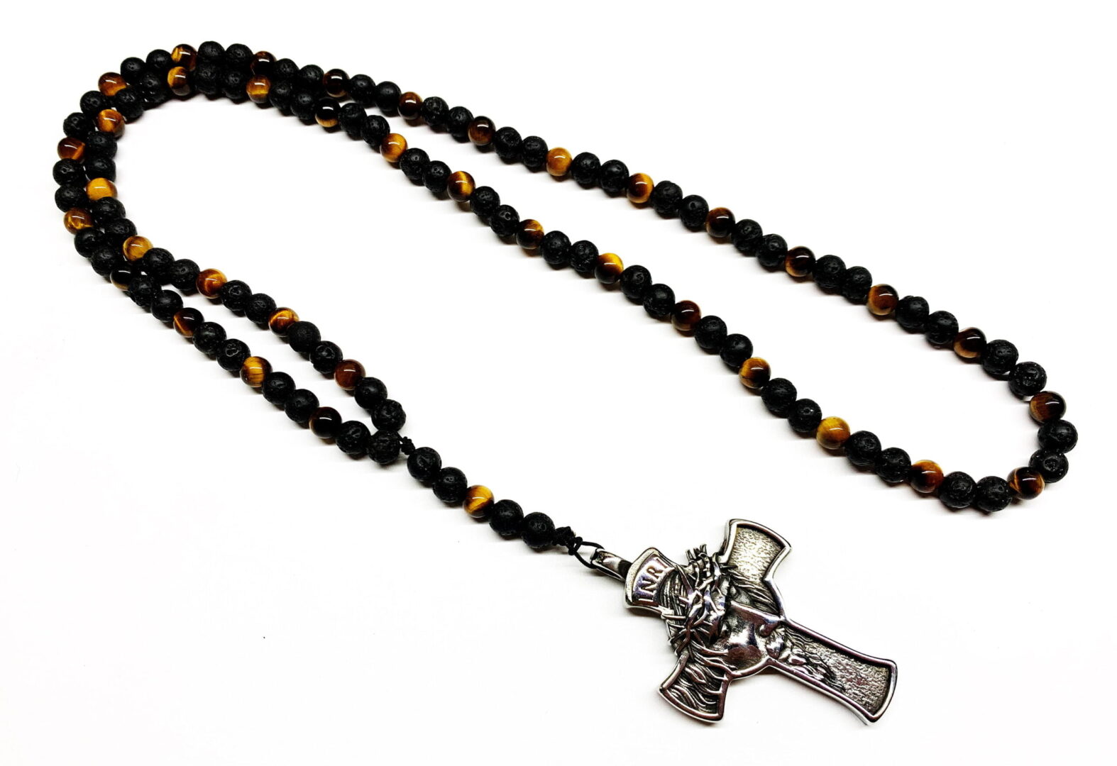 Ροζάριο λαιμού από ημιπολύτιμους λίθους Μάτι τίγρης και Λάβα με σταυρό από Ανοξείδωτο ατσάλι Ροζάριο λαιμού από ημιπολύτιμους λίθους Μάτι τίγρης και Λάβα με σταυρό από Ανοξείδωτο ατσάλι